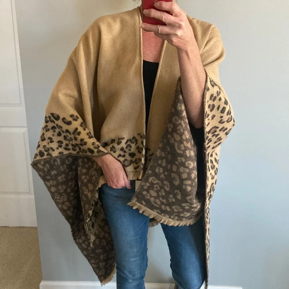 Tan & Animal Print Open Cardigan Sweater Kimono Wrap - Picture 2 of 10